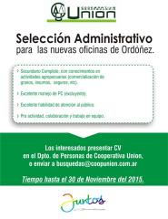 Cooperativa Unión selecciona personal administrativo