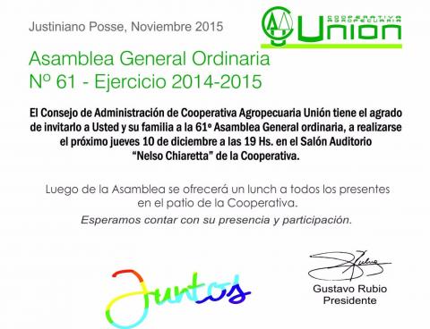 Cooperativa Unión invita a la asamblea general ordinaria