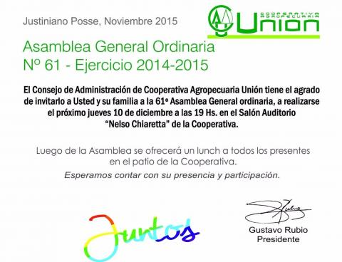Cooperativa Unión invita a Asamblea General Ordinaria