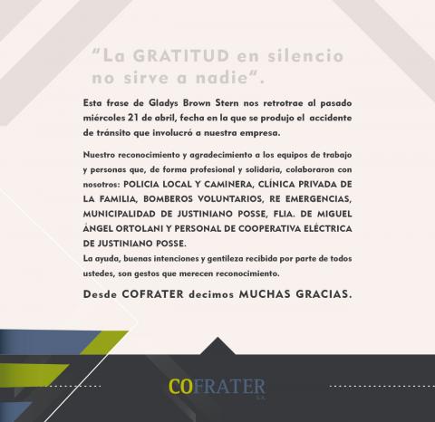 Agradecimiento de la empresa COFRATER